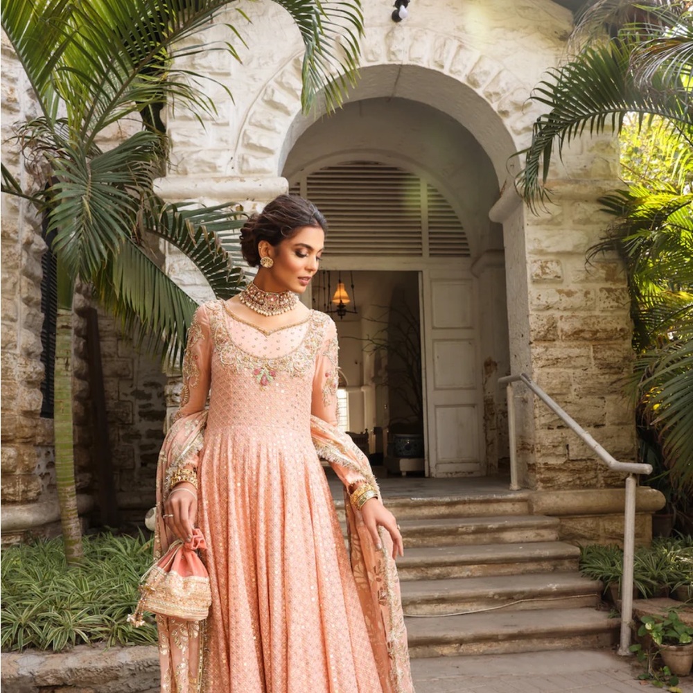 Pink peeches Long Sleeve Bishop Sleeve Gown with V-Neck for Wedding Guest